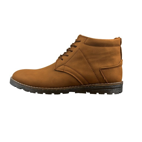 نیم بوت مردانه مدل بندی به رنگ حنایی، نمای جانبی با بندهای چرمی برای تنظیم فیت